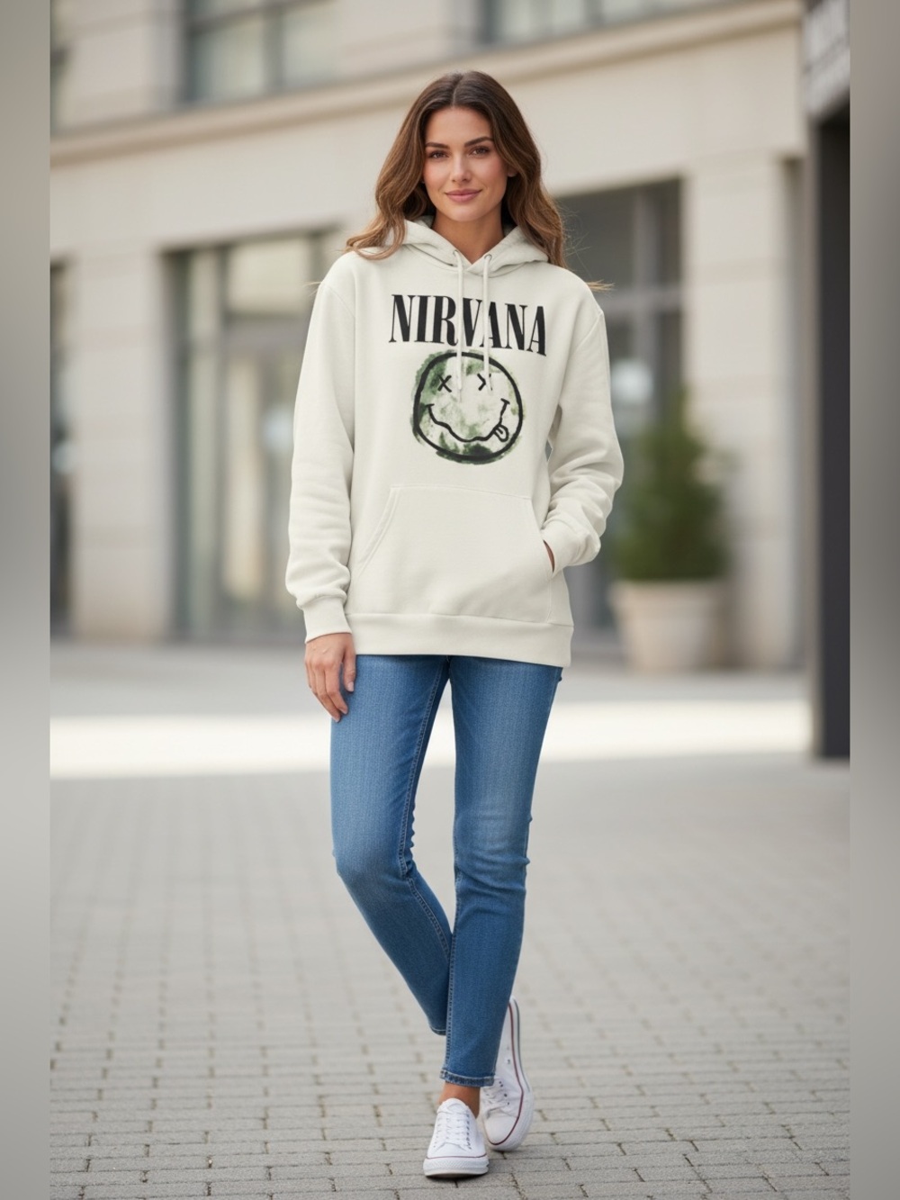 NIRVANA Cream Pullover Hoodie with Smiley Graphic